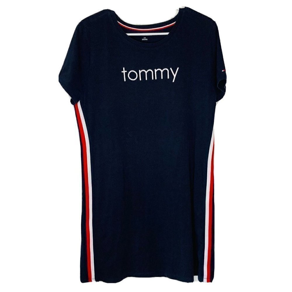 Tommy Hilfiger Womens Y2K T-shirt Racing Stripe Nautical Navy White Red Dress-LG